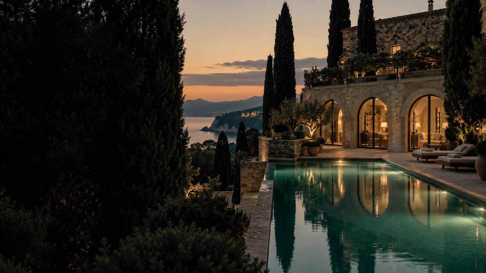 A stone hotel and pool in the evening